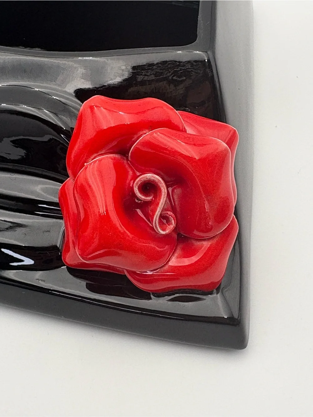 Art Deco Style Black Ceramic and Red Rose Lidded Box and Open Container